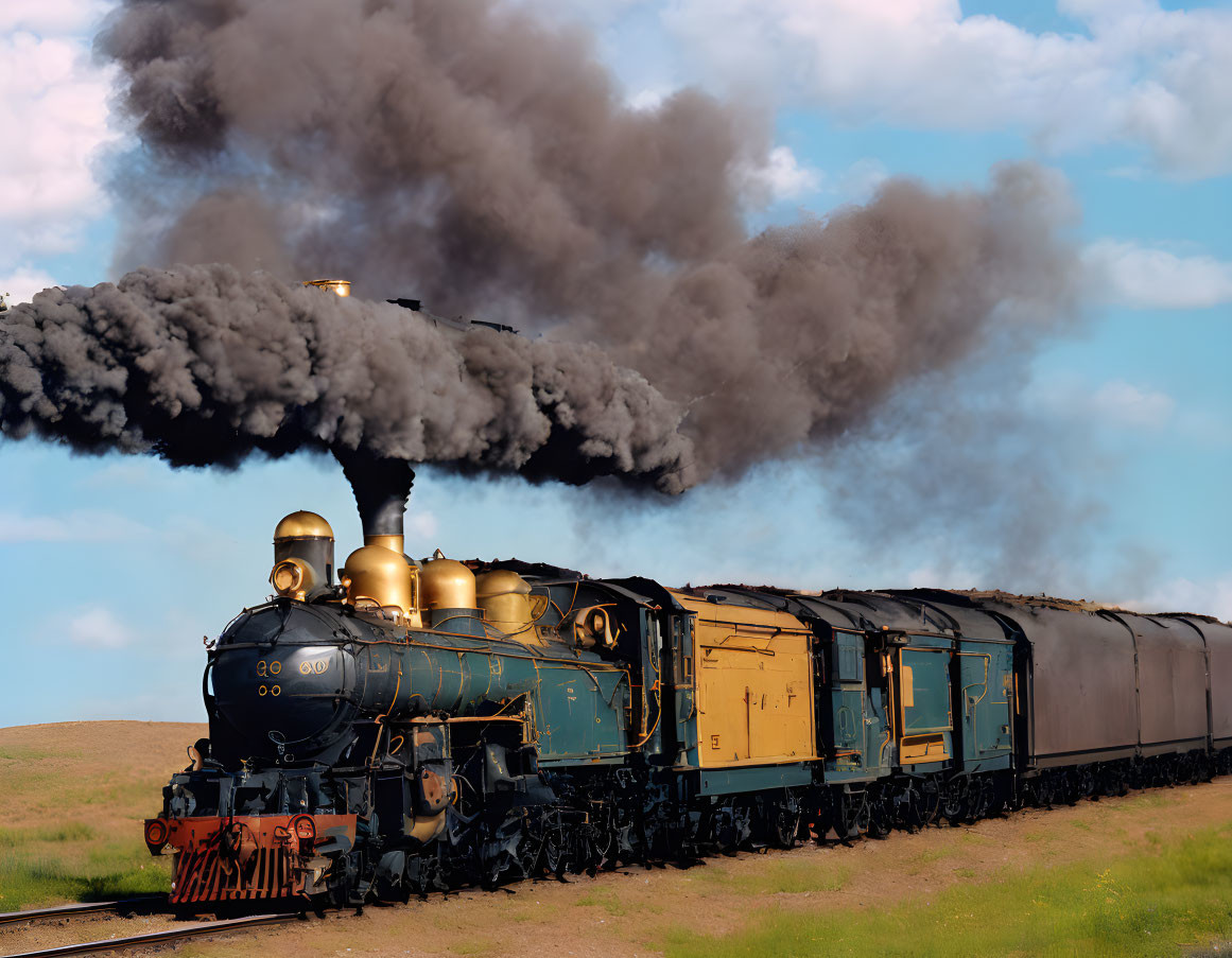 Vintage steam locomotive billowing black smoke on grassy landscape under blue sky