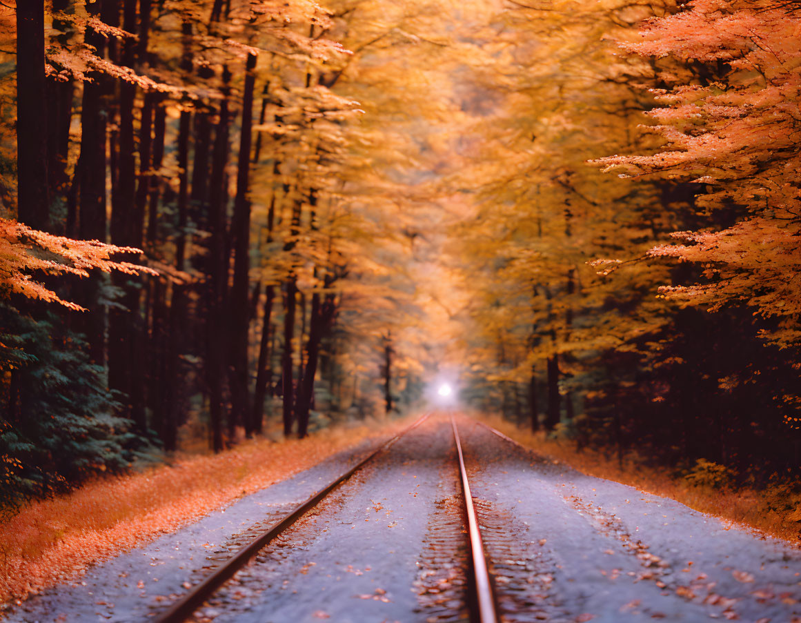 Autumn forest railroad tracks with orange and yellow leaves