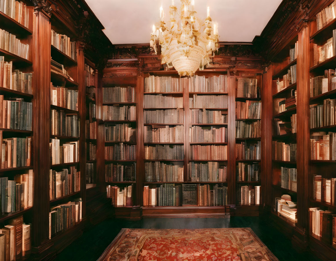 Wood-paneled library with floor-to-ceiling bookshelves, chandelier, and ornate rug