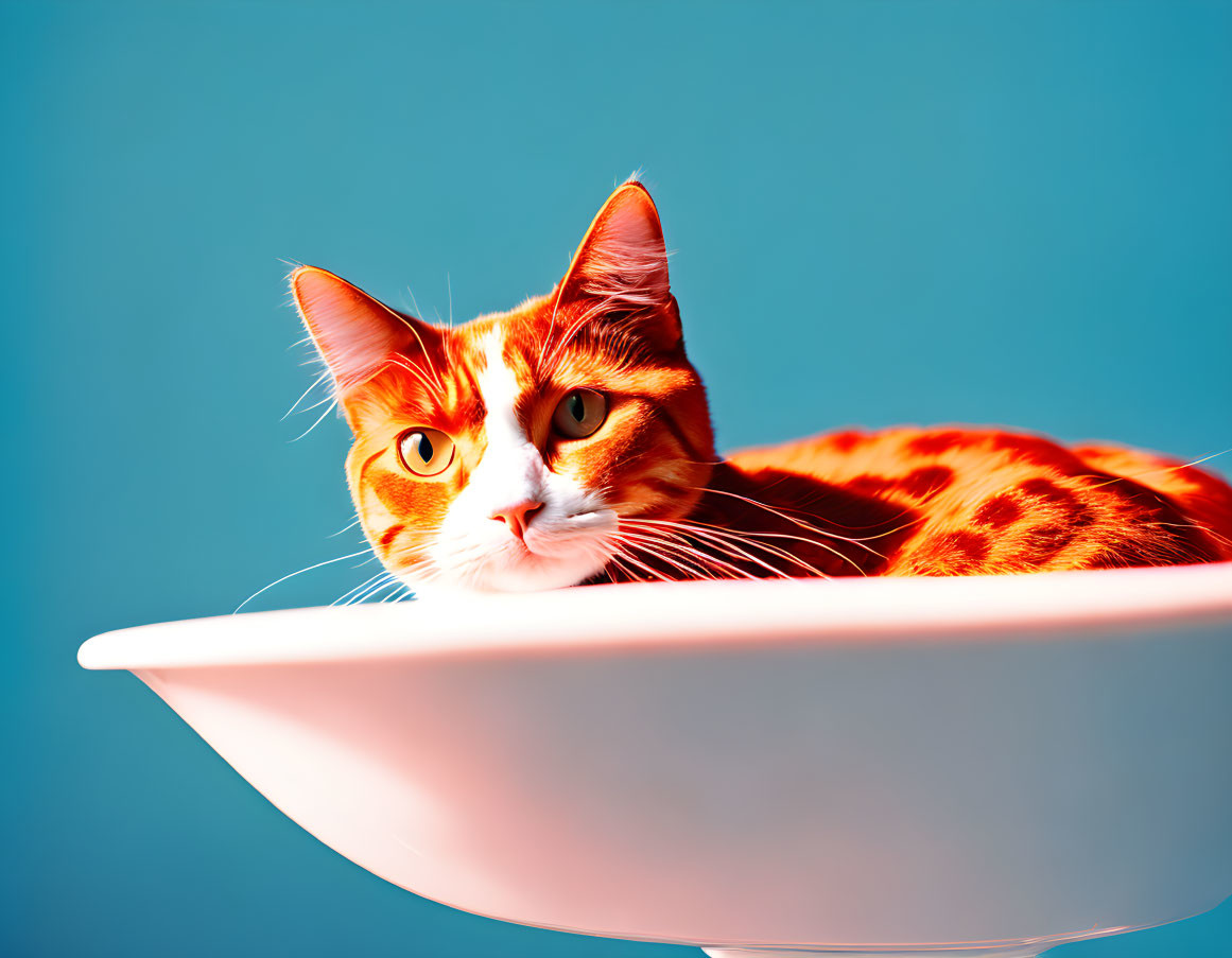 Orange and White Cat with Striking Patterns Resting in White Bowl on Teal Background