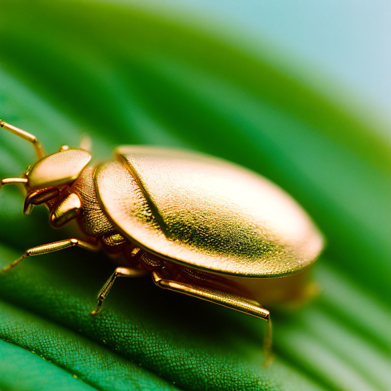 Golden Beetle on Vibrant Green Leaf with Shallow Depth of Field