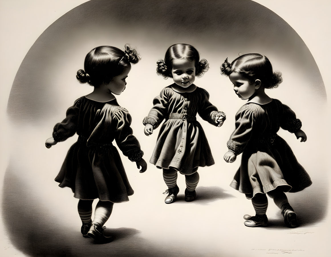 Monochromatic illustration of three girls in vintage dresses and hairstyles