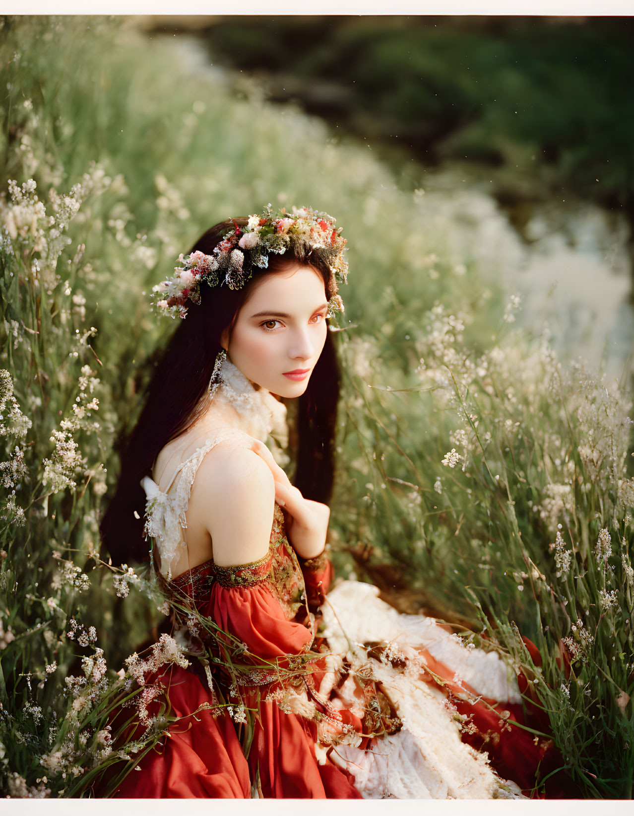 Woman in Red Dress with Floral Crown Surrounded by Wildflowers