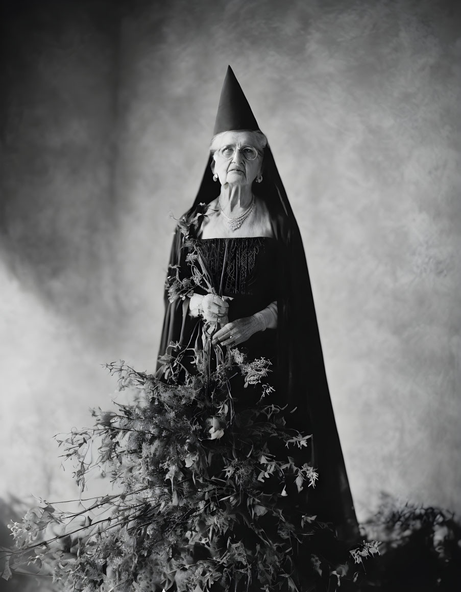 Elderly woman in witch costume in mystical setting