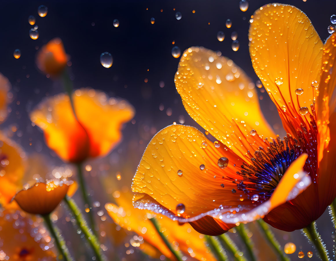 Vibrant orange poppy flowers with water droplets on blue background