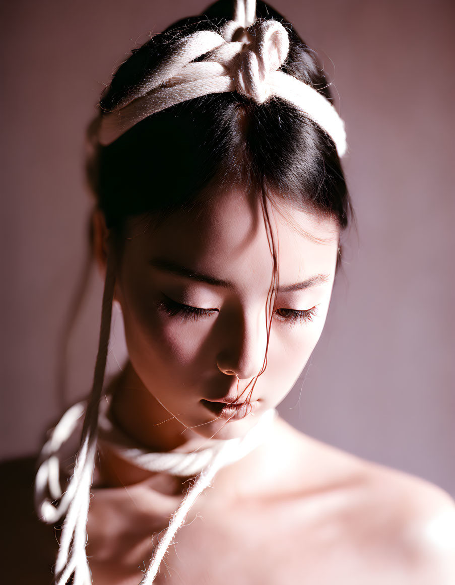 Serene woman with white rope tied around head on soft pink background