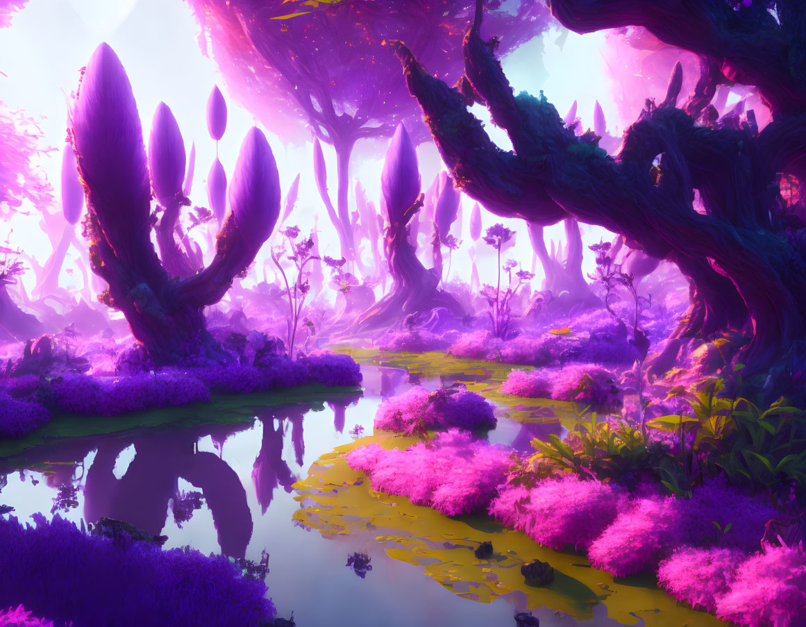 Colorful fantasy landscape with purple and pink flora, tree-like structures, reflective water, lush vegetation,