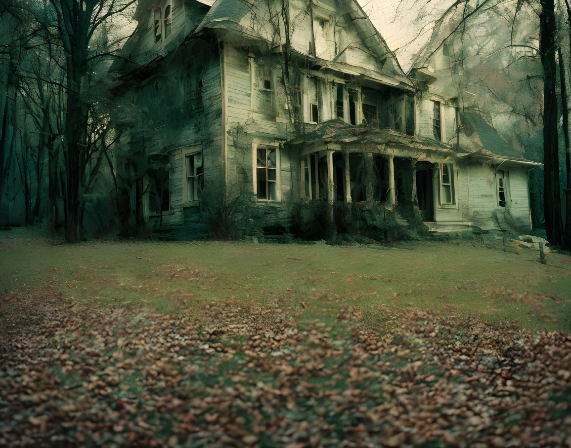 Dilapidated Two-Story House in Misty Forest