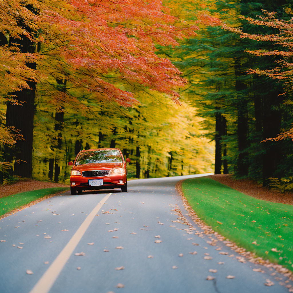 Vibrant autumn trees frame red car on road