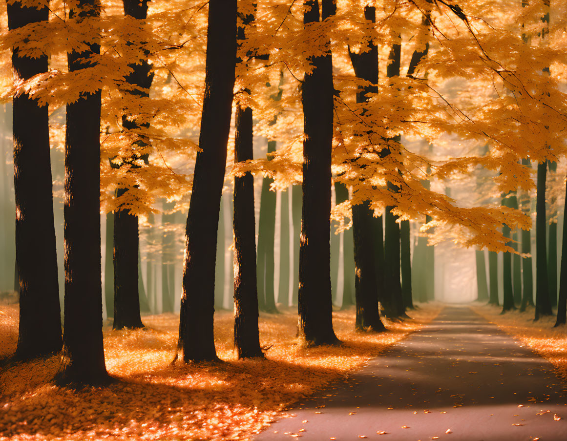 Tranquil Autumn Forest Path with Vibrant Golden Leaves