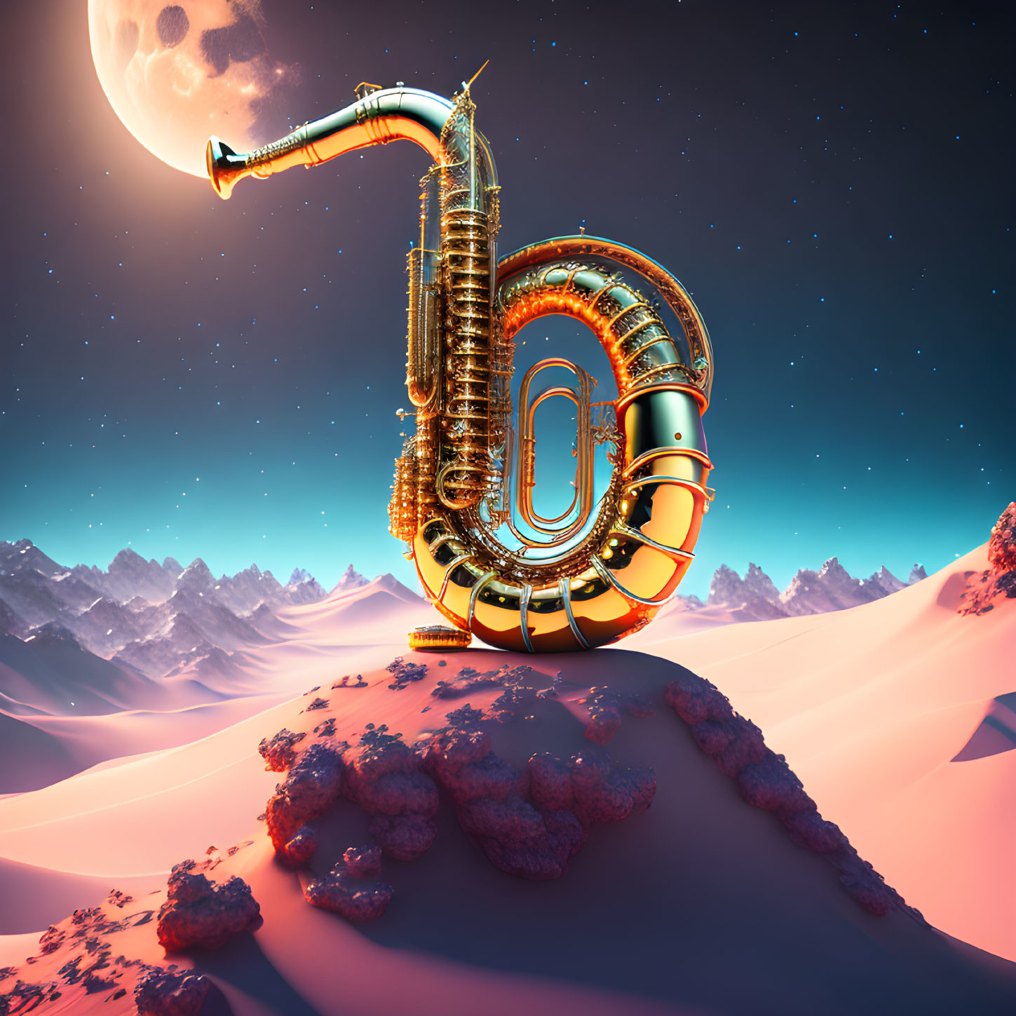 Surreal saxophone sculpture in desert landscape under starry sky