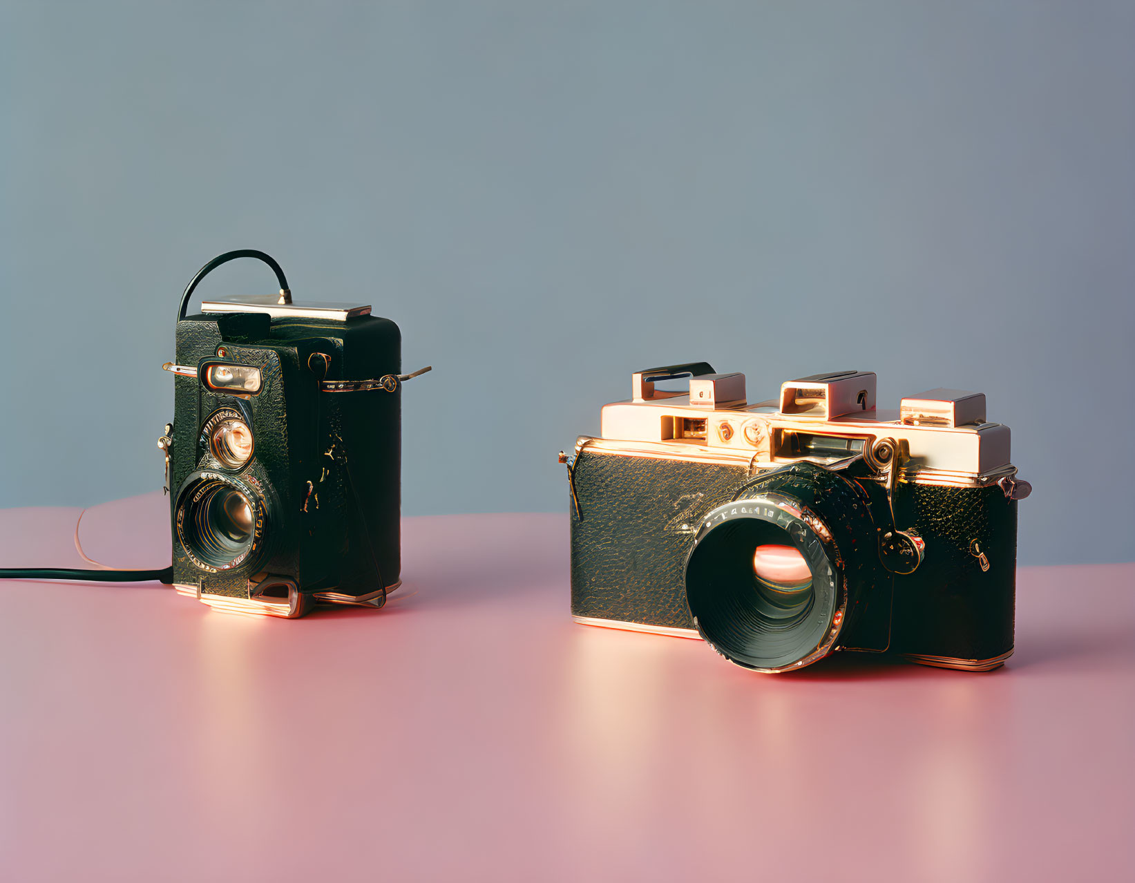 Vintage Cameras on Pink Surface with Soft Lighting