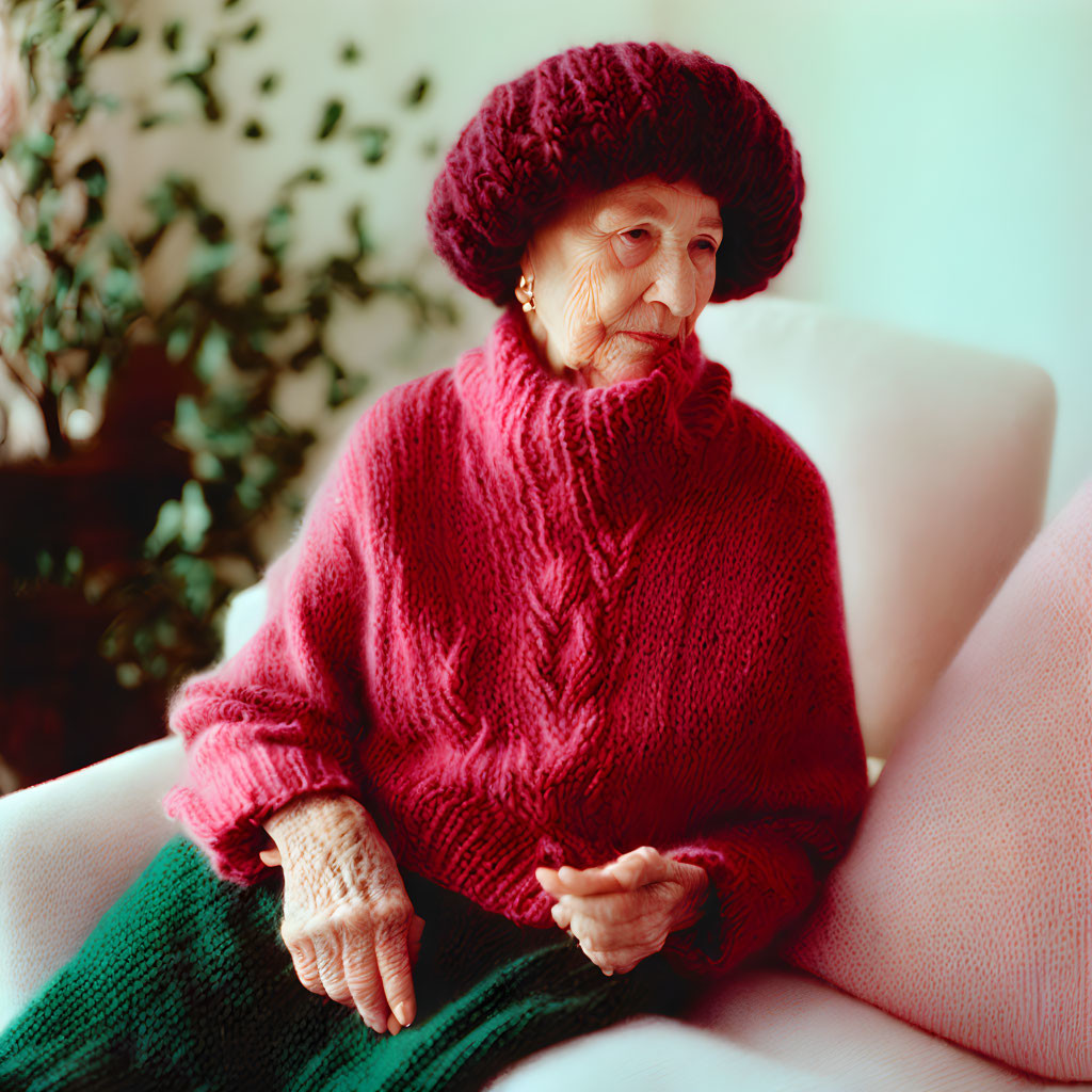 Elderly woman in red knit sweater and hat on pink sofa