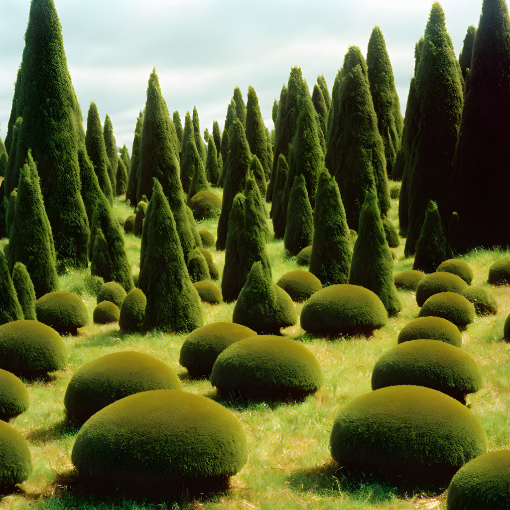 Surreal landscape with green mossy hills under cloudy sky