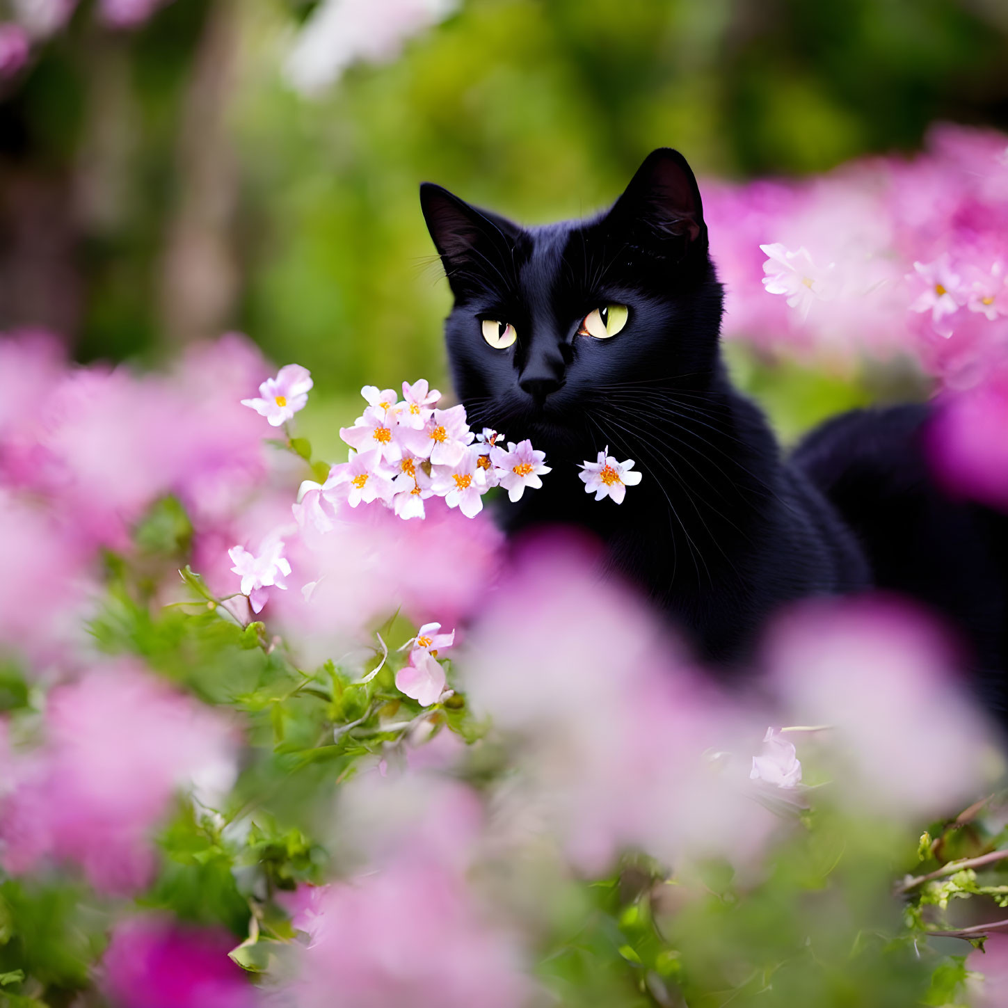 Black Cat with Yellow Eyes Among Pink and White Flowers in Green Garden