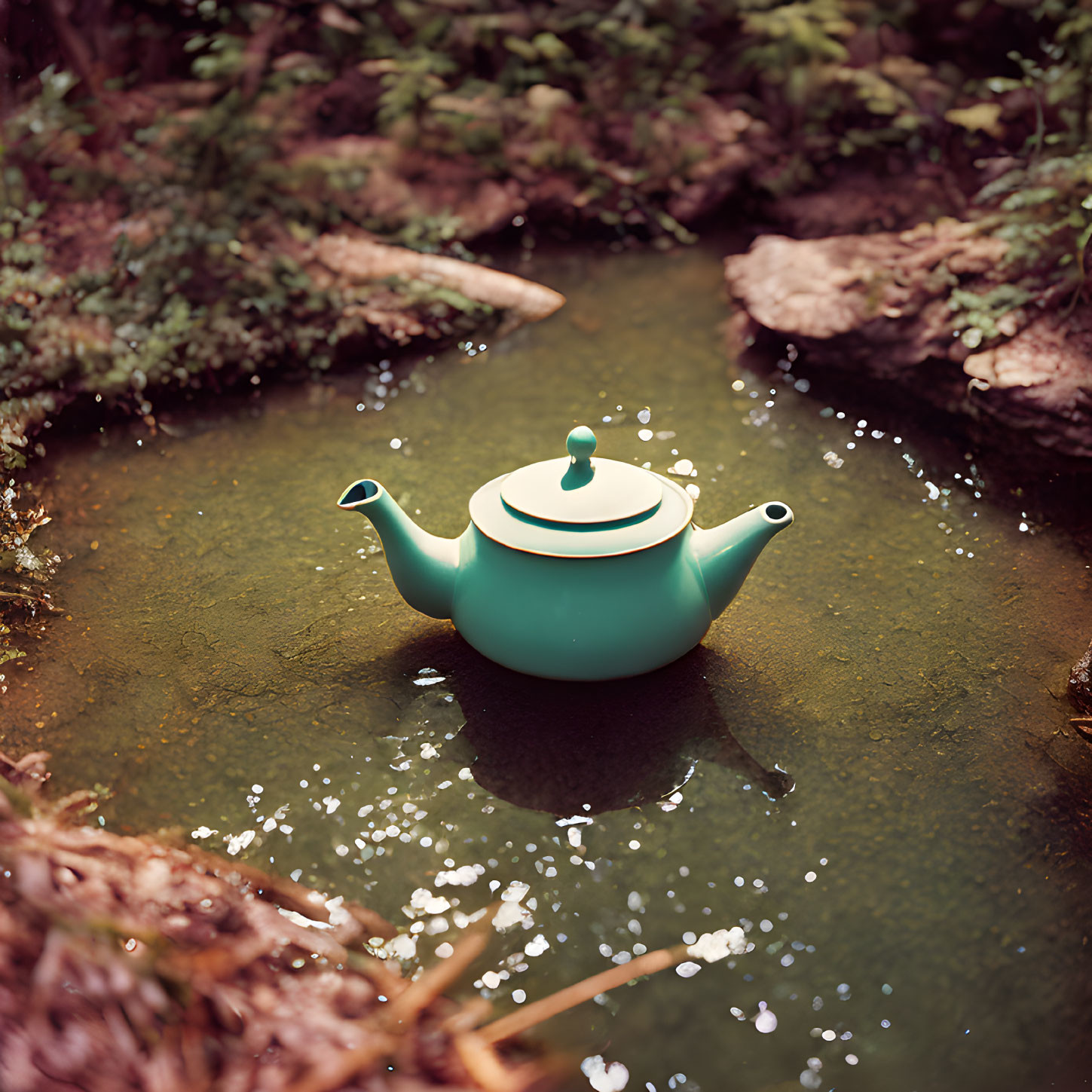 Green teapot on tranquil water with rocks and lush greenery