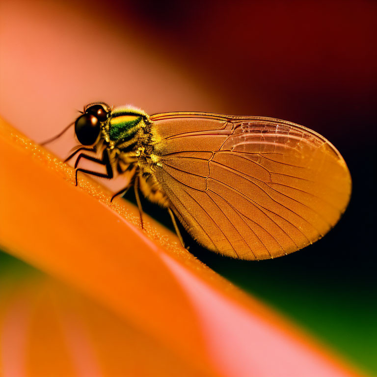 Green-bodied fly with translucent wings on orange flower petal against red-orange background