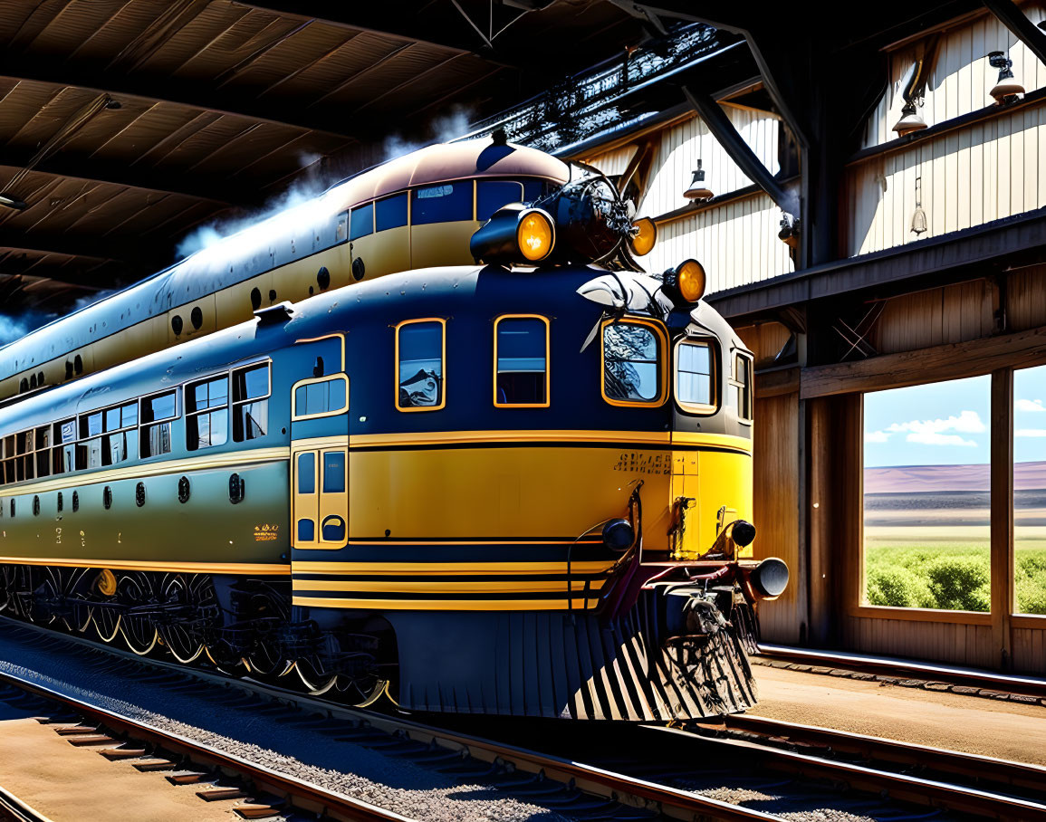 Vintage Blue and Yellow Train Exiting Station on Sunny Day