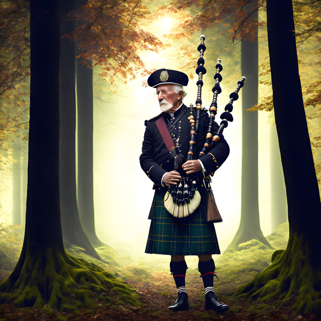 Man in Scottish attire playing bagpipes in autumn woods