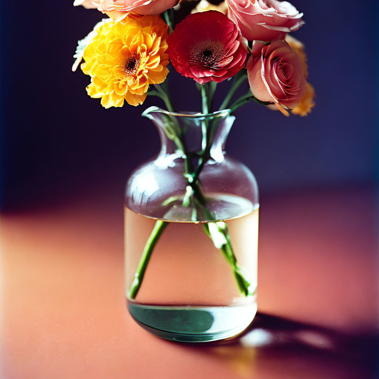 Colorful bouquet in glass vase with clear water on soft blue and purple backdrop