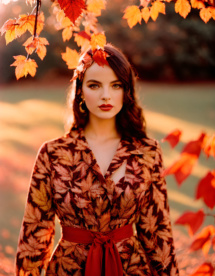 Woman in autumn leaf-themed makeup and dress among fall foliage