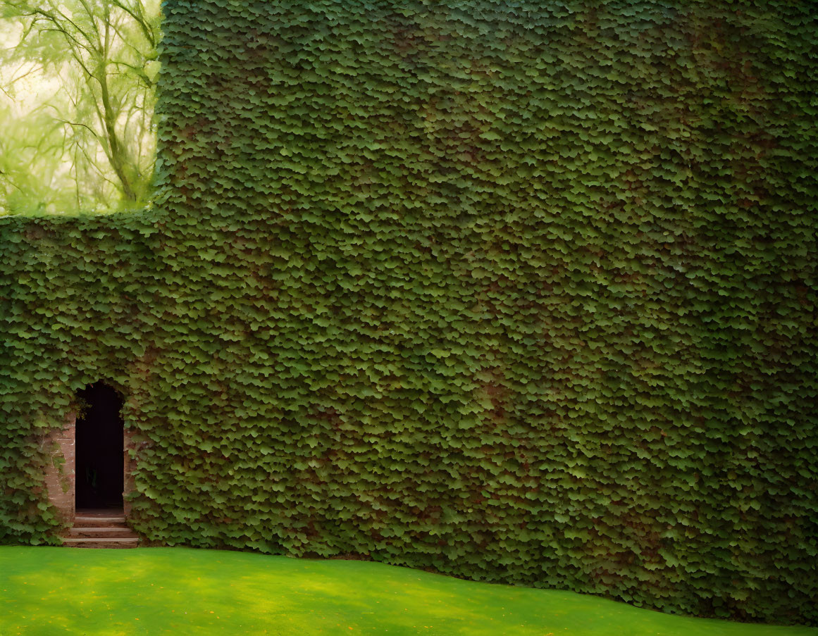 Green hedge with dense foliage and dark arched doorway under bright sunlight