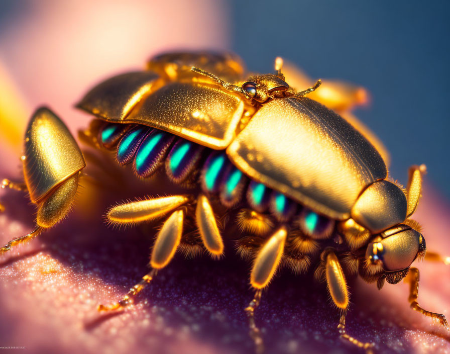 Metallic golden beetle with iridescent blue markings on textured surface