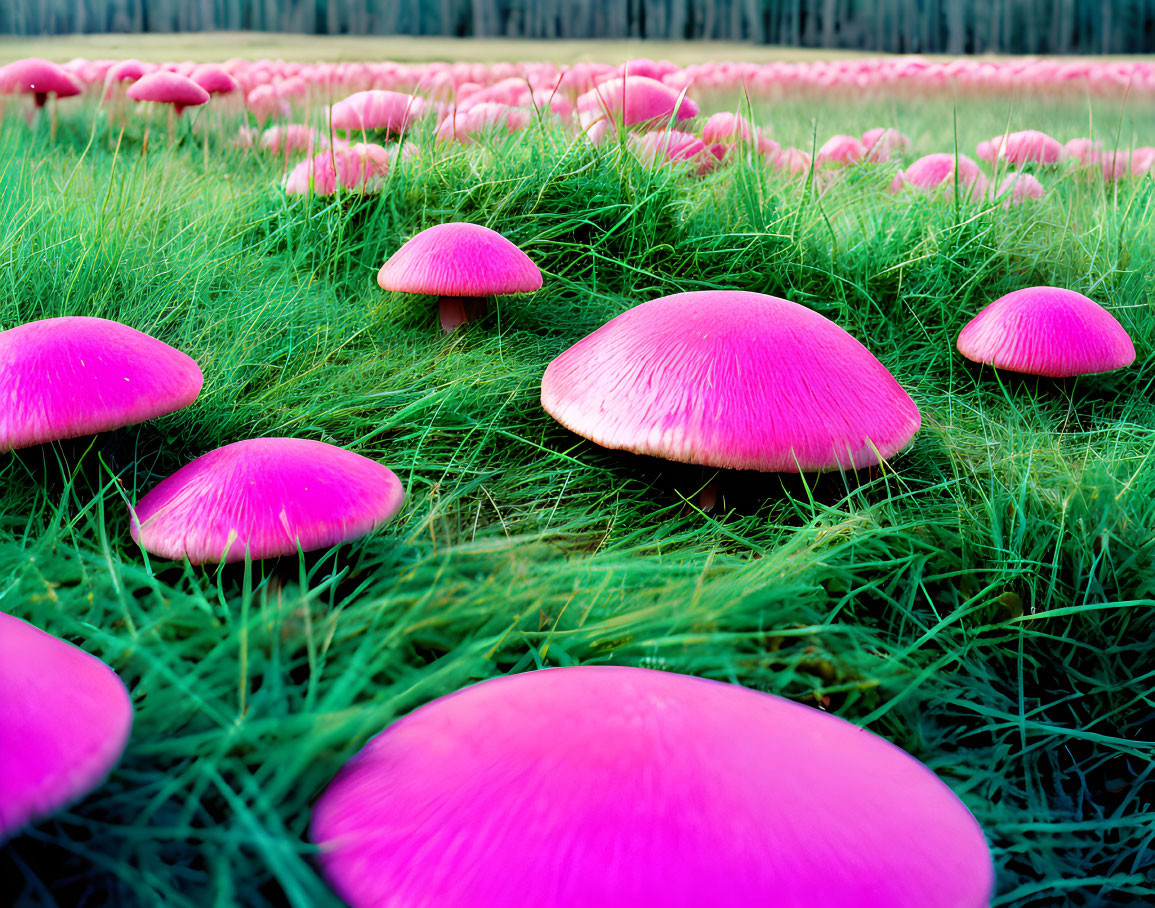 Vibrant Pink Mushrooms in Lush Green Field