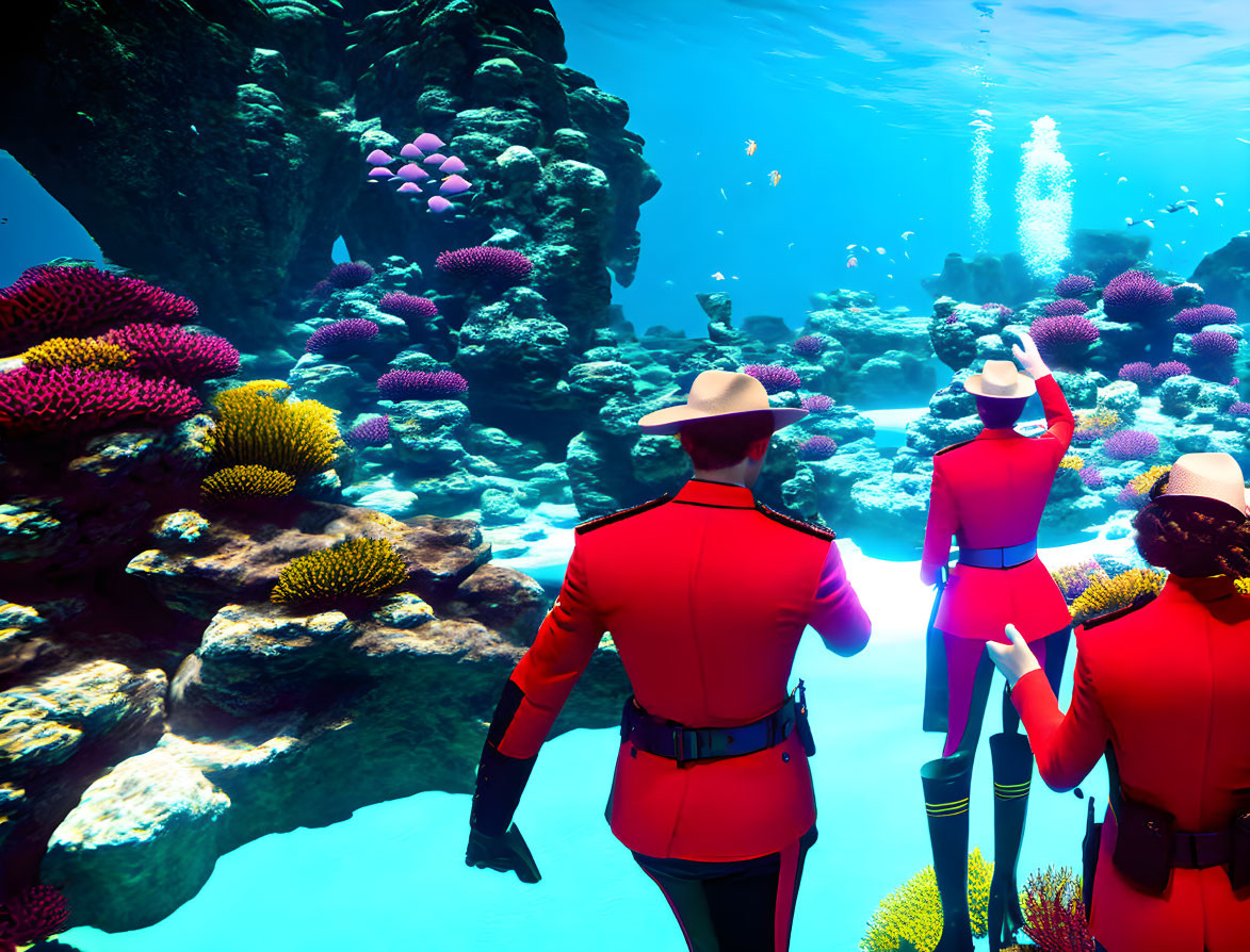 Three people in red uniforms and white hats underwater among vibrant coral reefs and fish