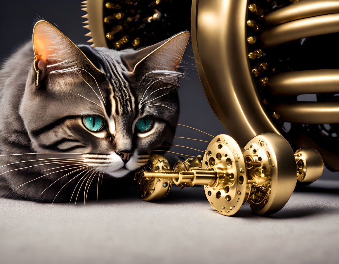 Tabby Cat with Blue Eyes Next to Golden Tuba on Grey Background