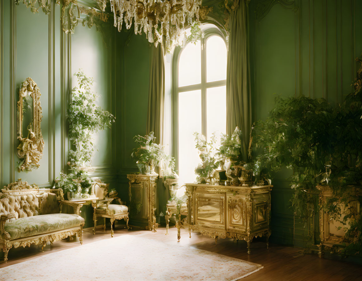 Luxurious Vintage Chandelier Room with Gold Furniture & Green Plants