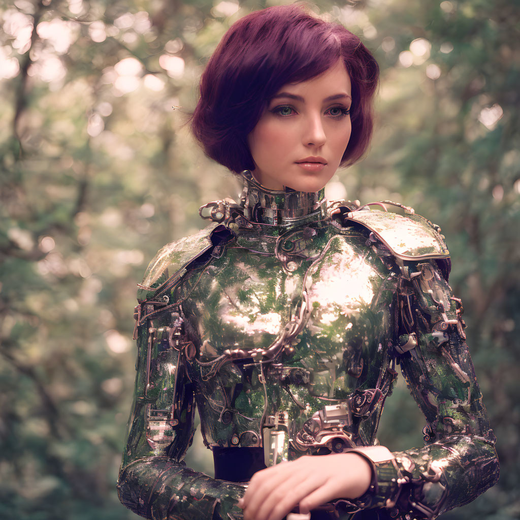 Short Purple Hairstyle Woman in Metallic Green Armor Forest Scene