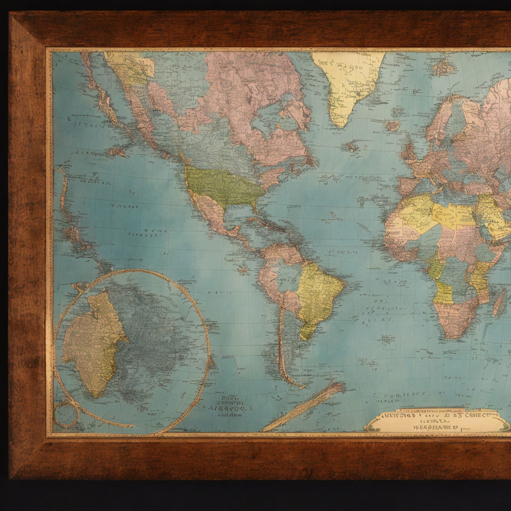 Vintage World Map with Distinct Country Colors and Wooden Frame