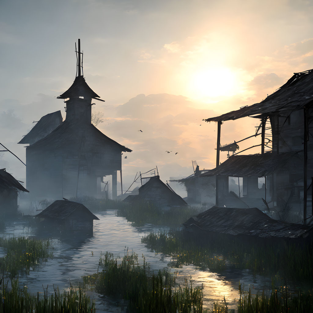 Abandoned wooden structures on water at sunrise with mist and birds, tall building in background