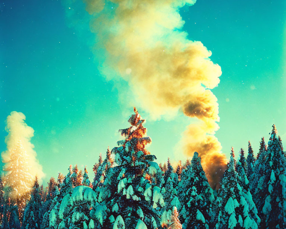 Winter scene: snow-covered trees and smoke under blue sky