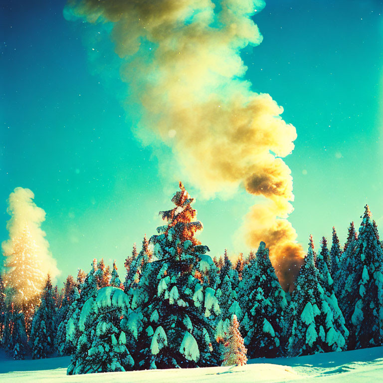 Winter scene: snow-covered trees and smoke under blue sky