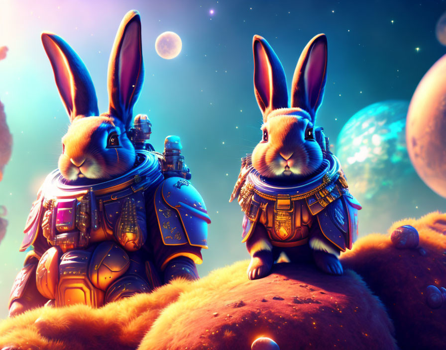 Futuristic armored rabbits on vibrant extraterrestrial landscape