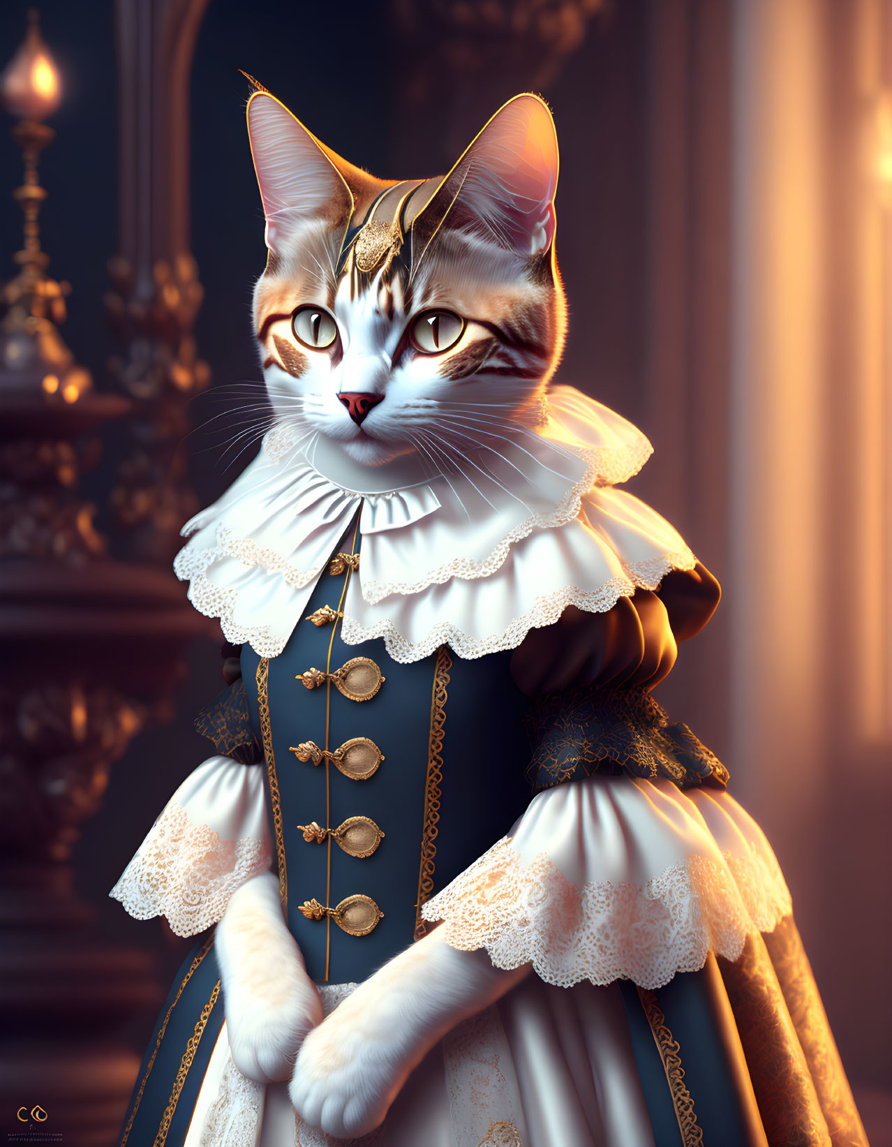 Regal cat in 17th-century gown with gold buttons and lace collar.