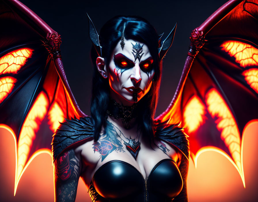 Woman with demonic makeup and prosthetics, horns, red eyes, and winged backdrop.