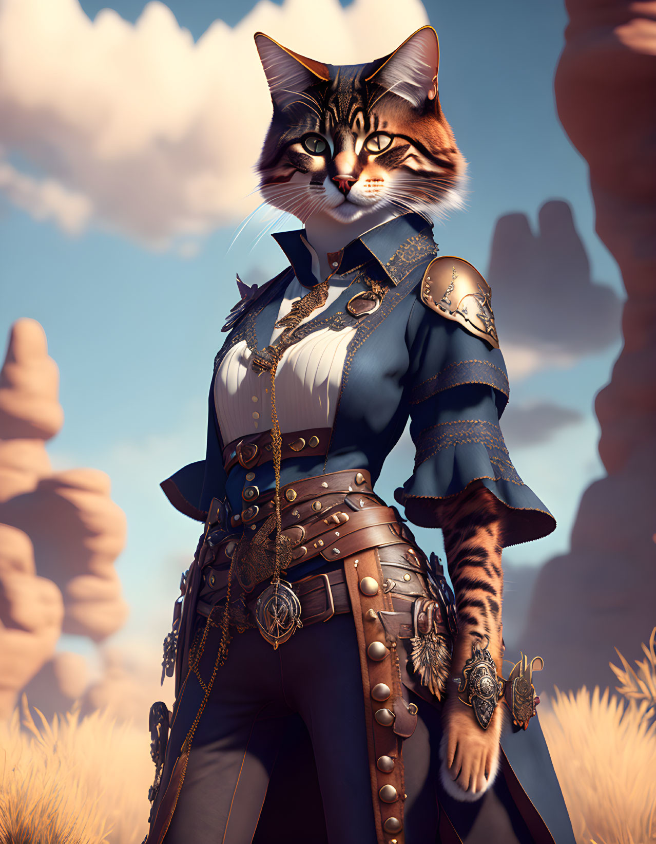 Anthropomorphic cat in fantasy outfit against sky and rock backdrop