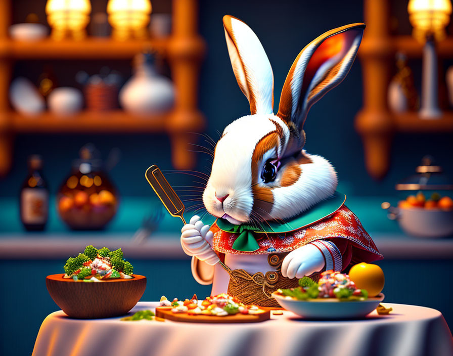 Anthropomorphic rabbit in red jacket examines gourmet dish in cozy kitchen.