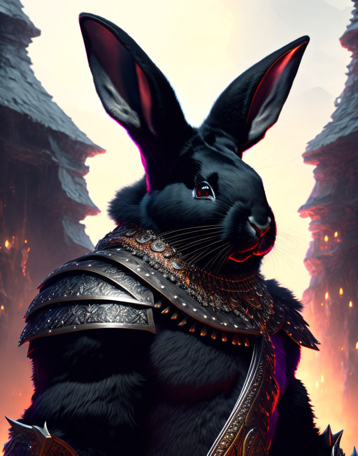 Black Armored Rabbit with Bright Eyes in Fiery Torch-Lit Hut Setting