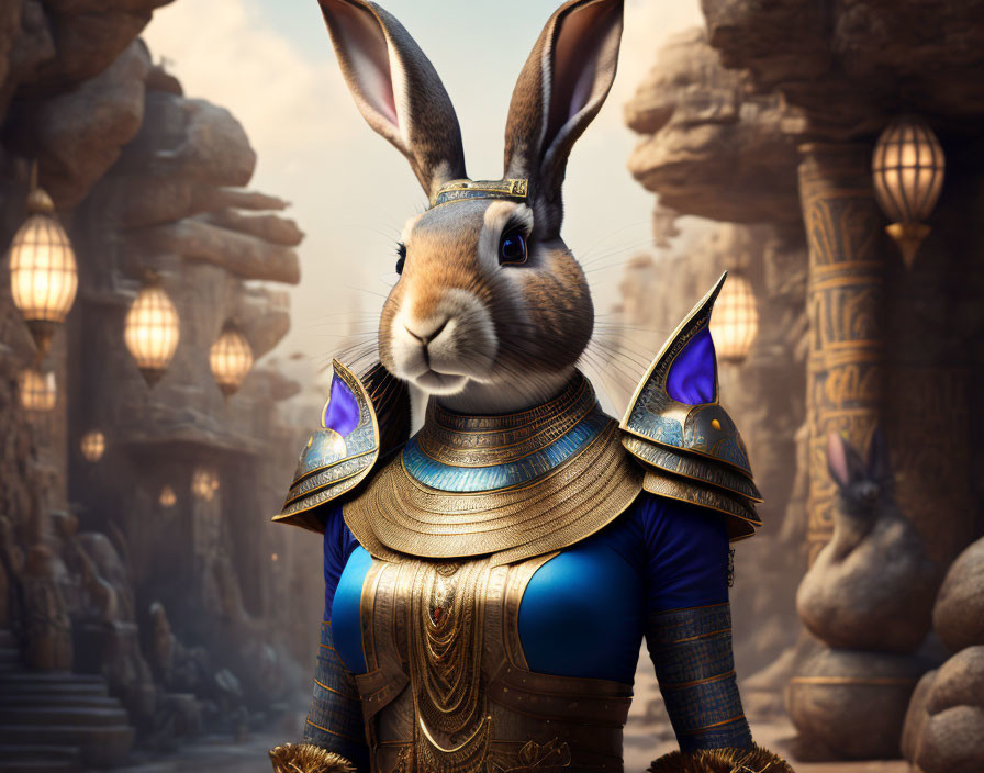 Anthropomorphic rabbit in ornate armor with ancient desert structures