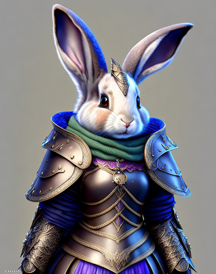 Detailed Illustration of Rabbit in Ornate Medieval Armor with Blue Scarf