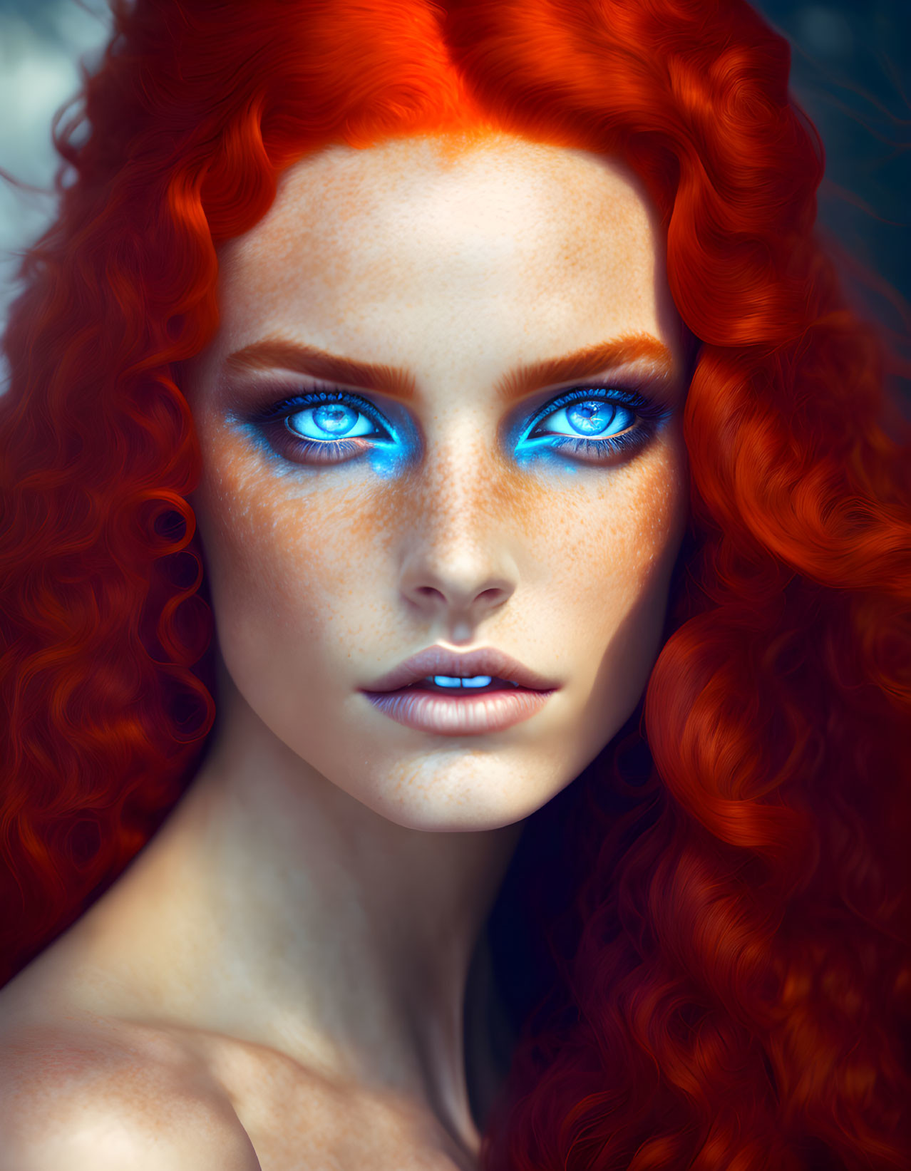 Portrait of Woman: Red Hair, Blue Eyes, Detailed Skin Textures
