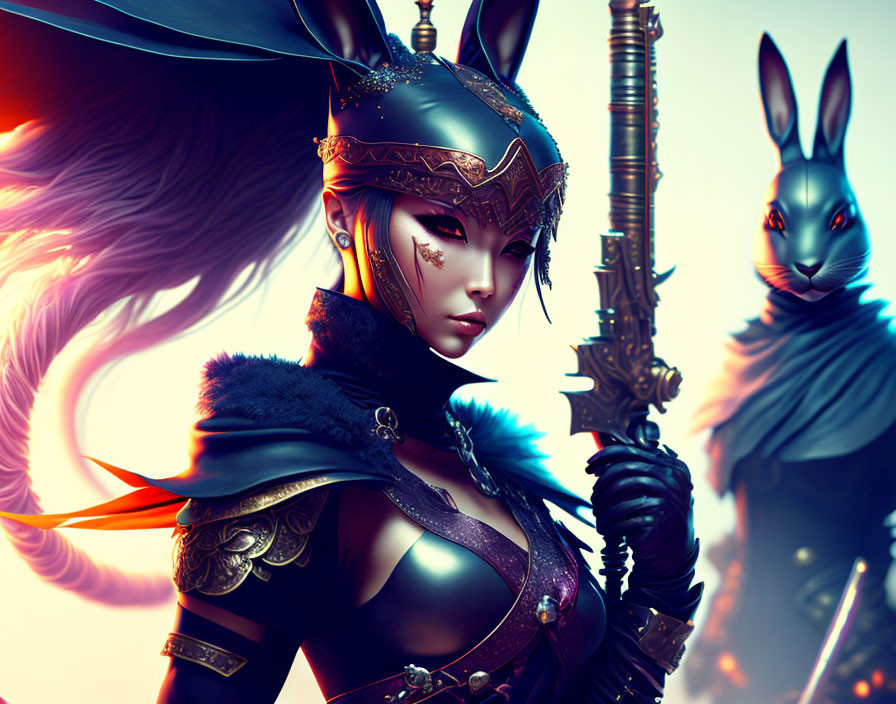 Fantasy image of female warrior with rabbit-like features and sword