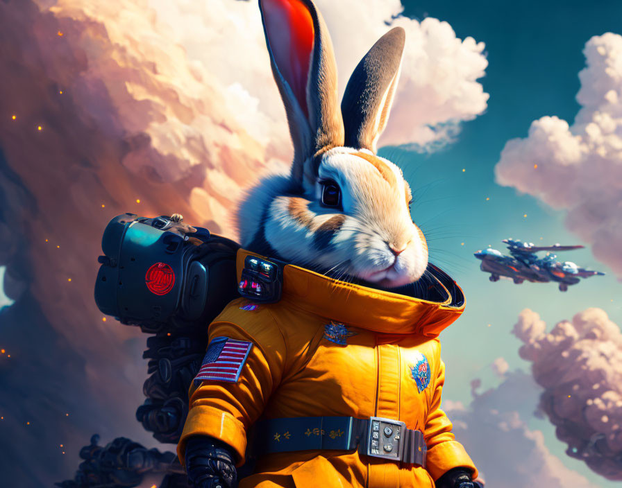 Rabbit in astronaut suit with jetpack in heroic pose against cloudy backdrop