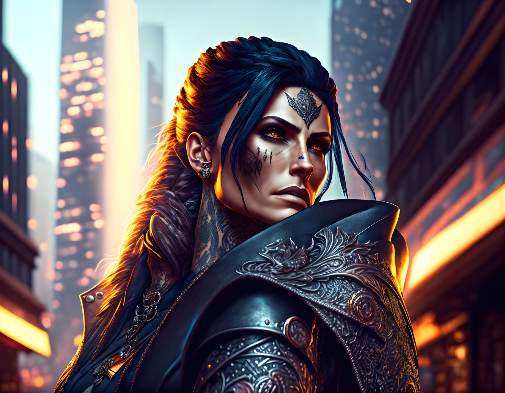 Digital Artwork: Woman with Blue Hair, Tribal Face Tattoos, and Ornate Armor in Fut