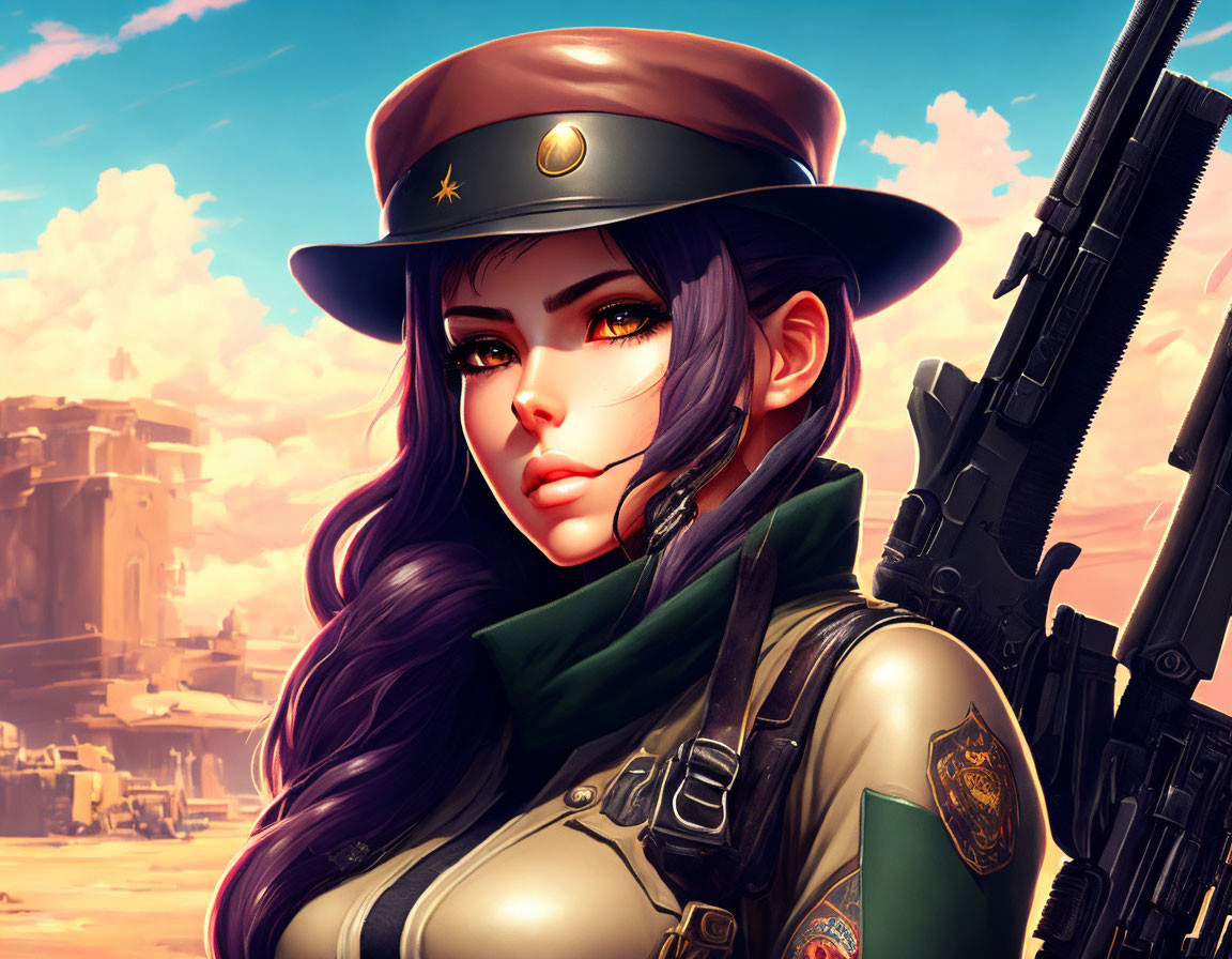 Digital artwork of woman with purple hair in military attire, hat, large gun, desert backdrop