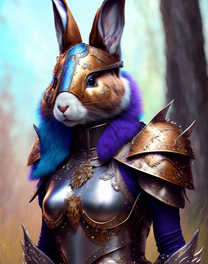 Anthropomorphic rabbit in ornate armor with gold and blue accents in forest setting